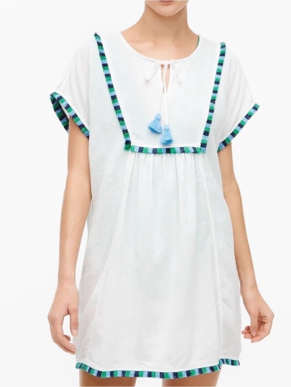 J.Crew‎ White Gauze Tassel Fringe Trim Beach Cover Up Dress Medium G4661